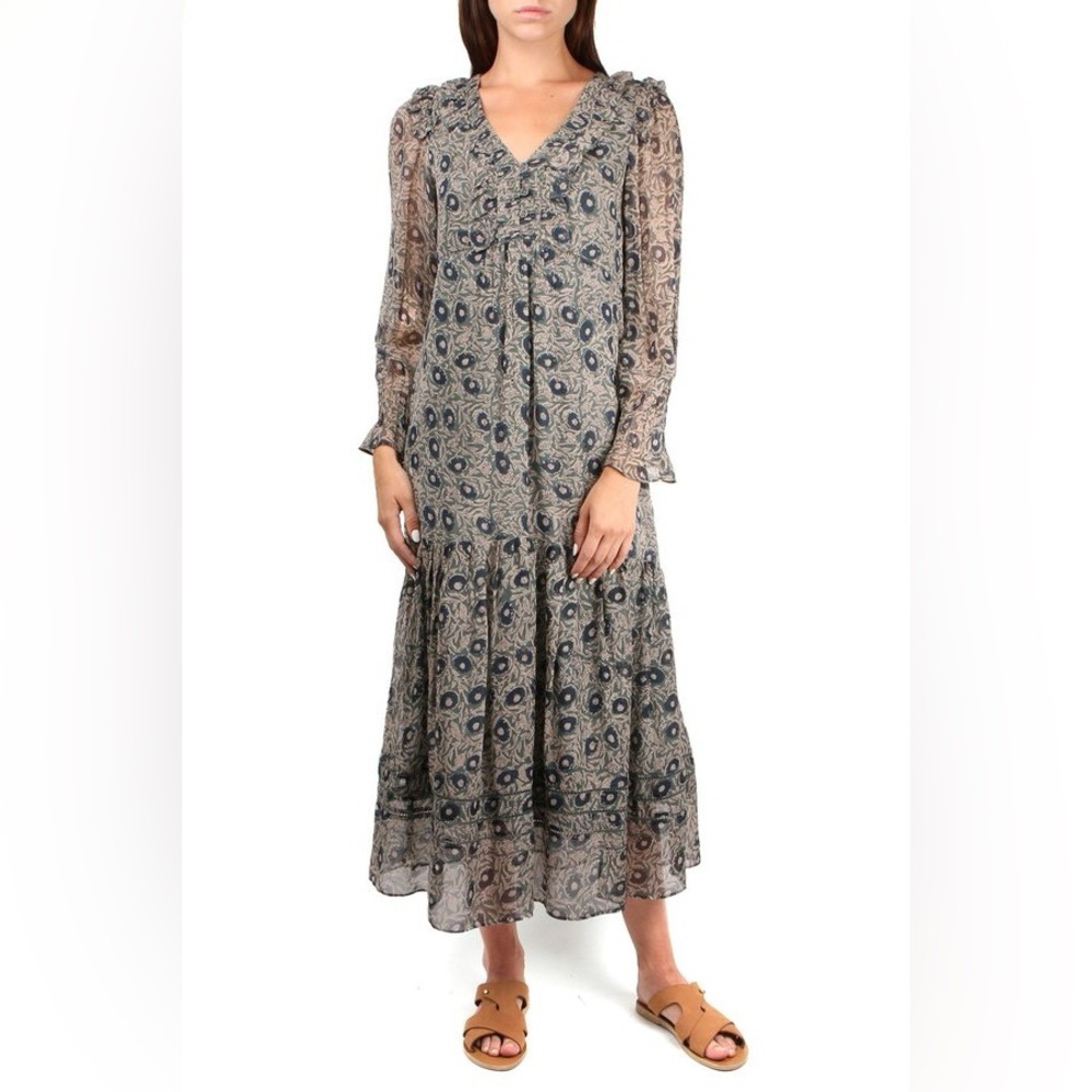 Sea New York Floral Paisley Long Sleeve Midi Dress in Gray and Navy
